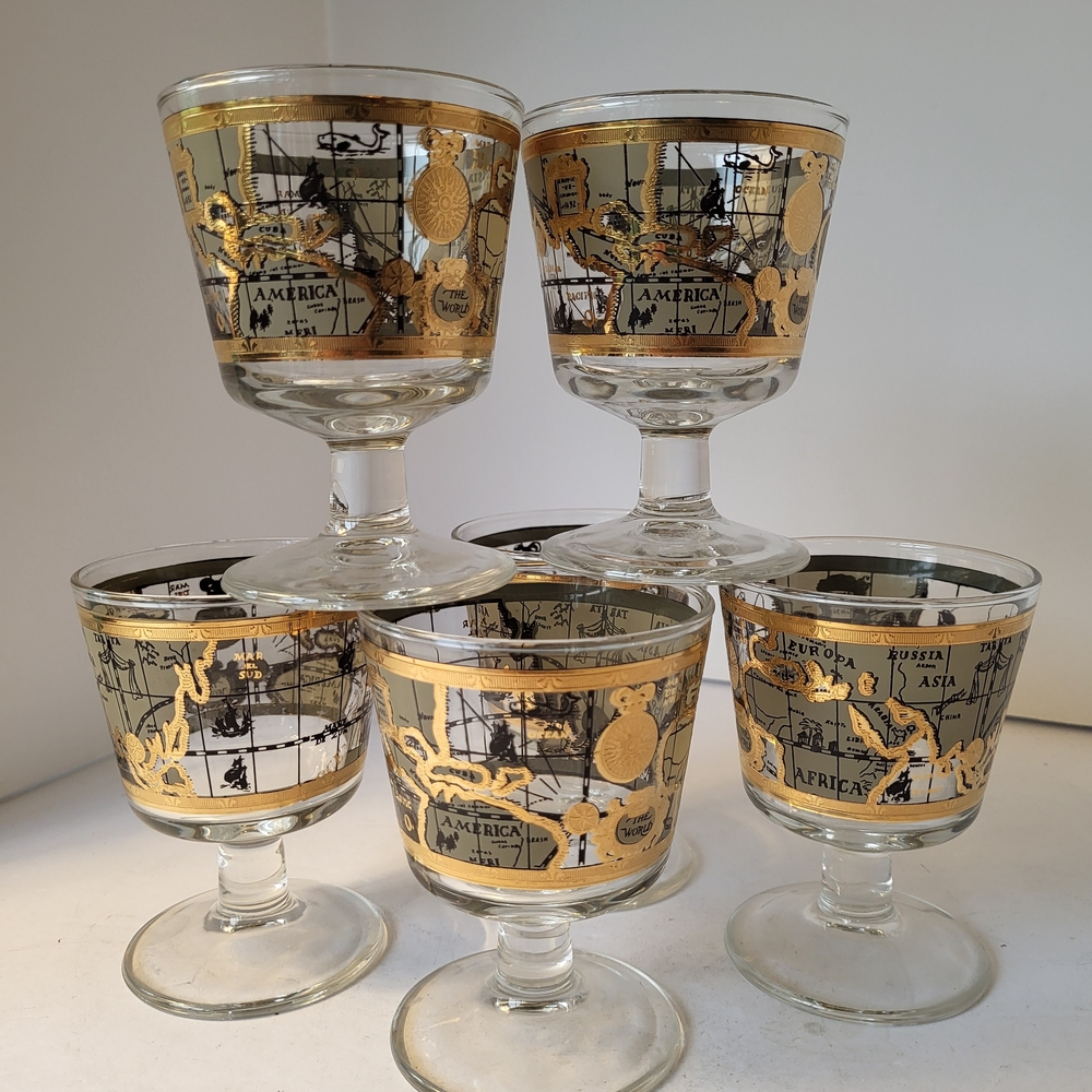 Vintage Cera 1960s Old World Map Glasses Set Of 6